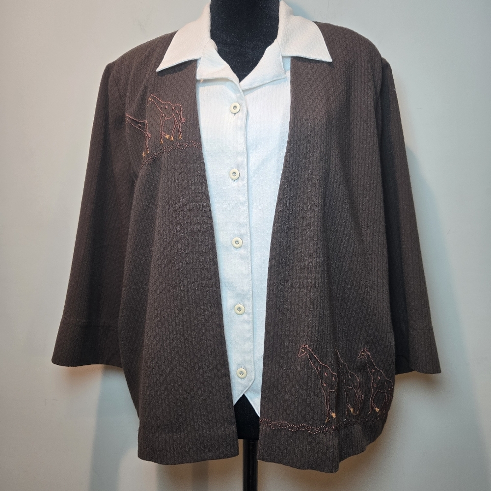 Allison Daley Shirt Brown Giraffe Animal Button Down 3/4 Sleeve Top Women's 14P
